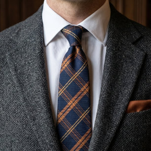 Cravate Tartan à carreaux bleu marine et cuivre vintage
