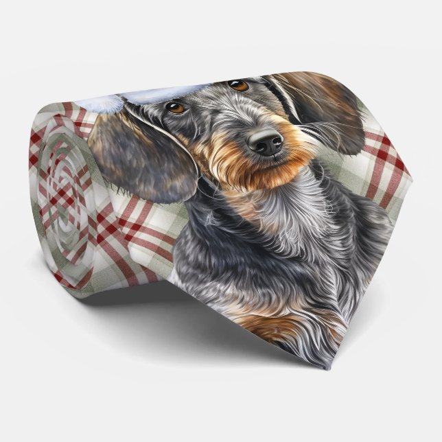 Cravate Tartan de Noël Chien Dachshund à poil dur (Roulé)