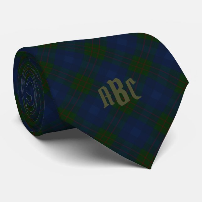 Cravate Tartan monogramme bleu et vert plaid (Roulé)