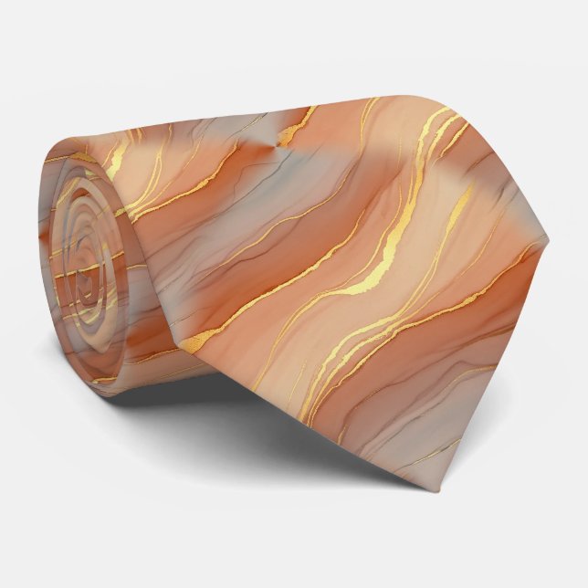 Cravate Taupe doux Marbre Orange Brûlé Or (Roulé)