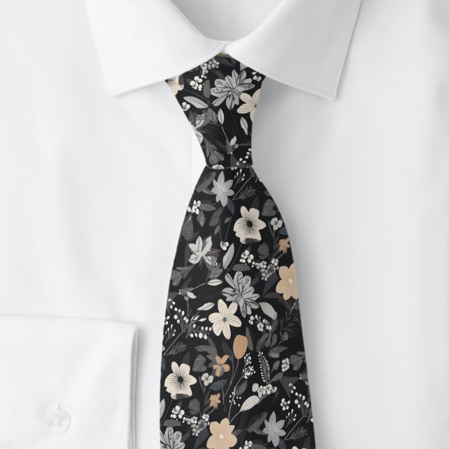 Cravate Taupe et fleurs blanches sur charbon (Créateur téléchargé)