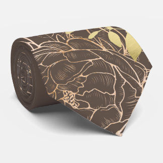 Cravate Taupe & Faux Gold Peony Mariage Floral moderne