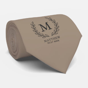 Cravate Témoin Élégant Mariage Laurier Monogramme Taupe