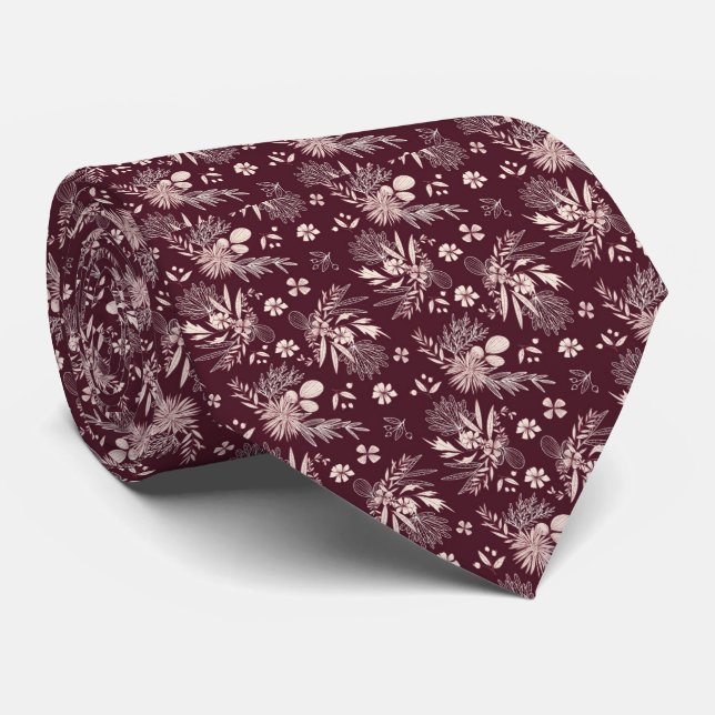 Cravate Tenue de mariage du marié à motif floral burgundy (Roulé)