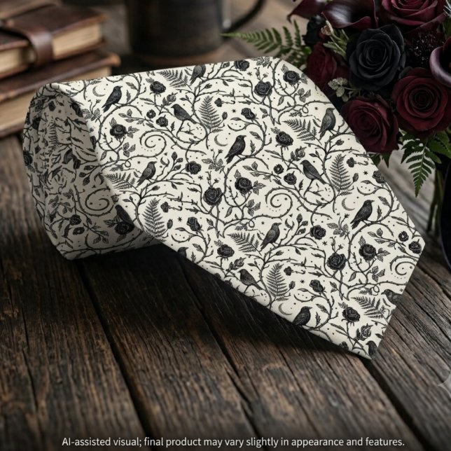 Cravate Tenue de mariage gothique noir ivoire (Rolled ivory raven tie with a gothic wedding bouquet for an alternative groom's moody nuptials.)