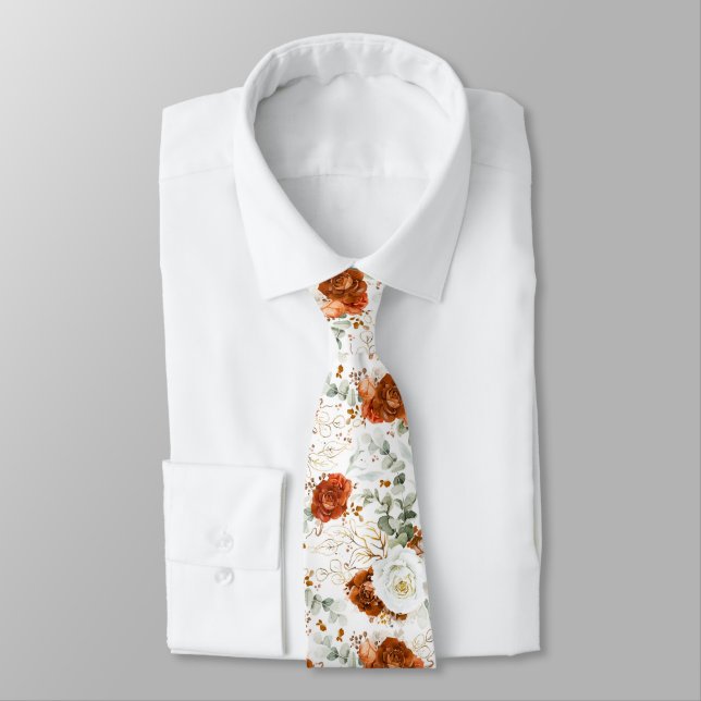 Cravate Terracotta and White Floral Wedding Neck Tie (Attaché)