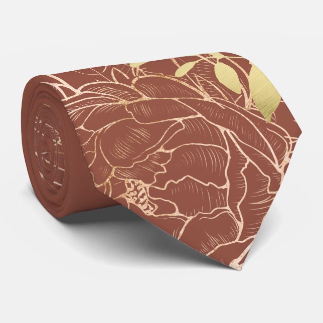 Cravate Terracotta & Faux Gold Peony Mariage Floral modern (Roulé)