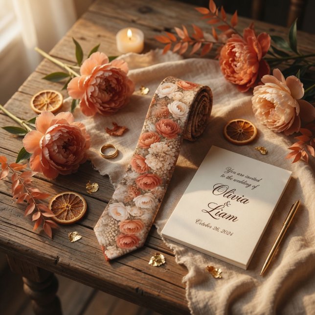 Cravate Terracotta Peony Floral Wedding (Créateur téléchargé)