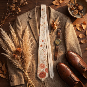 Cravate Terracotta Rouille Orange Fleur Sauvage Automne Bo