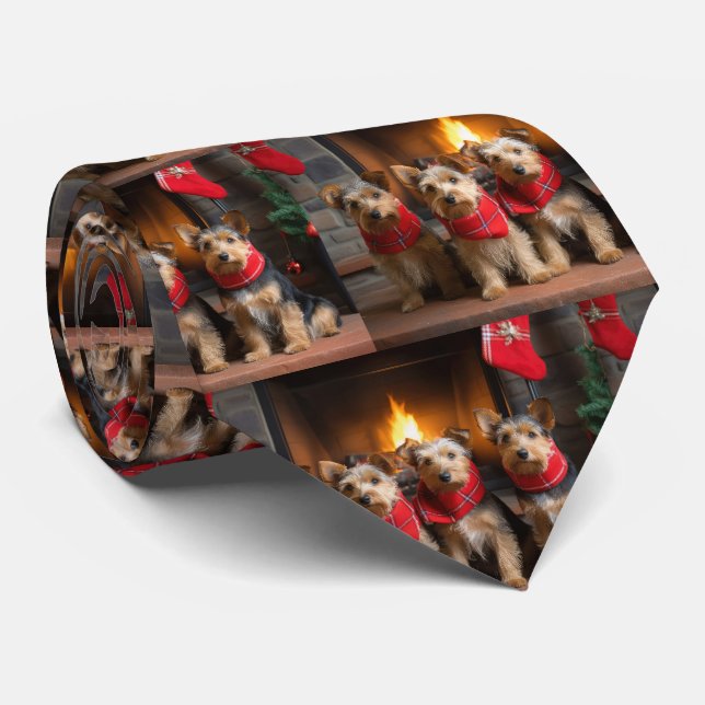 Cravate Terrier Australien au coin du feu de Noël (Roulé)