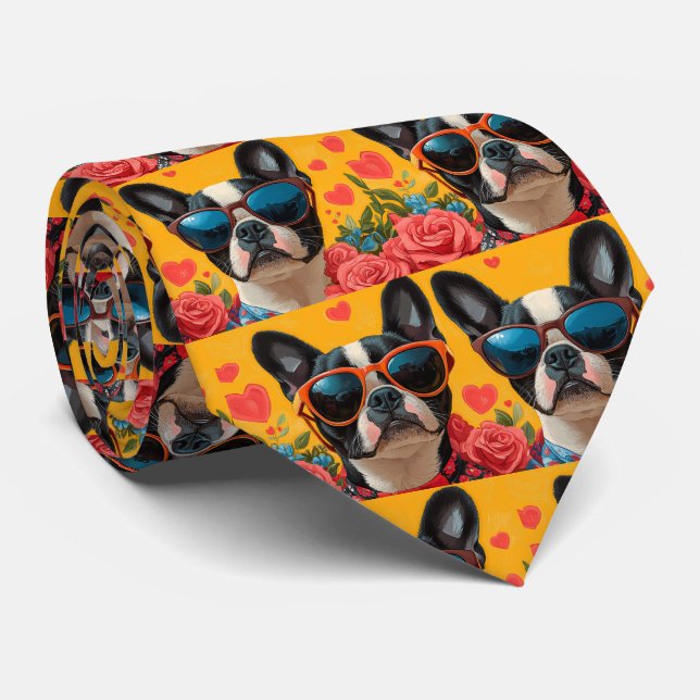 Cravate Terrier de Boston avec roses de la Saint-Valentin (Roulé)