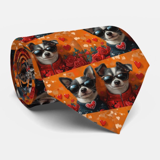 Cravate Terrier Rat avec Roses de cœur Saint-Valentin (Roulé)
