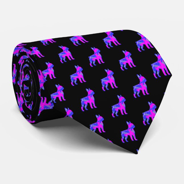 Cravate Tête de Boston Terrier RoseBleu Silhouette Noir Co (Roulé)
