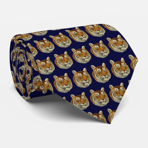 Cravate Tête de Tigre Vintage Fond Bleu Marine