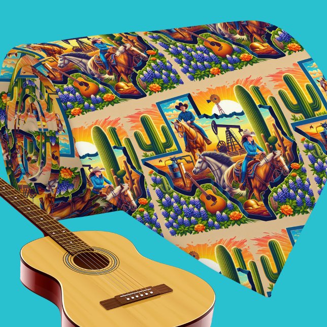 Cravate Texas Shape Huile Pompe Cowboy Cowgirl Horse Guita (Texas necktie with cowboy, cowgirl, horses, oil pump, guitars and bluebonnets.)