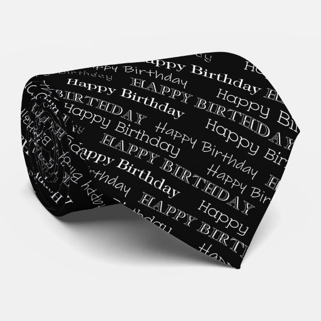 Cravate Texte Joyeux Anniversaire Couvert Noir et Blanc (Roulé)