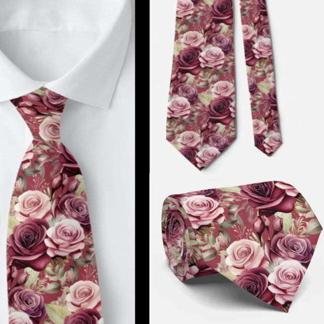 Cravate Tie à col Burgundy Rouge Profond Roses Fard Mauve (Créateur téléchargé)