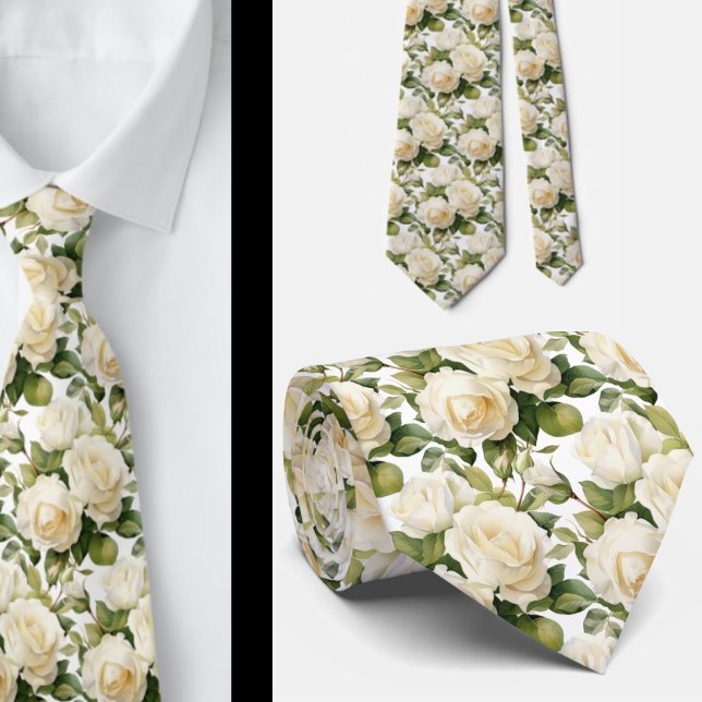 Cravate Tie à col classique floral roses blanches (Créateur téléchargé)