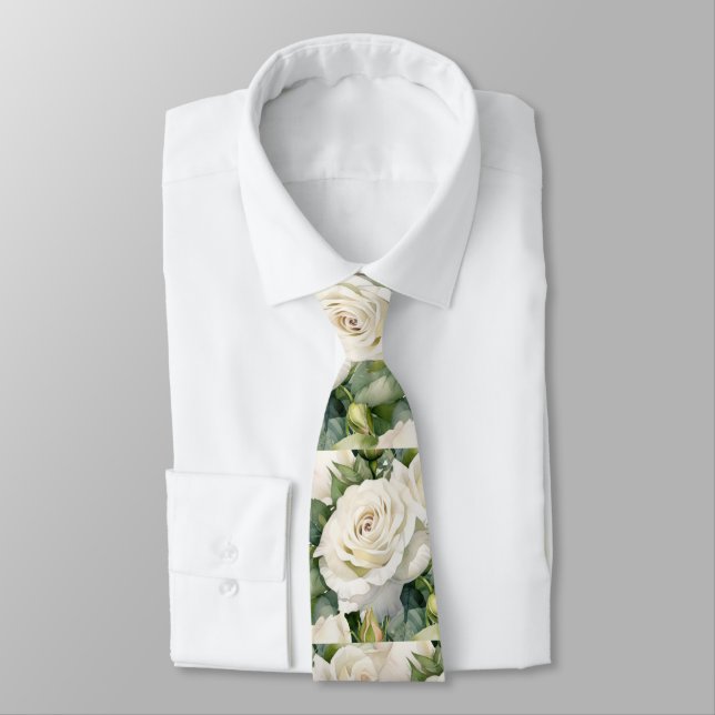 Cravate Tie à col floral classique aux roses blanches (Attaché)