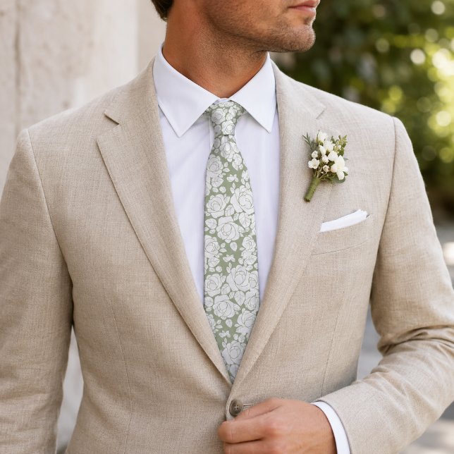 Cravate Tie à col rose floral vert sauge blanc (Créateur téléchargé)