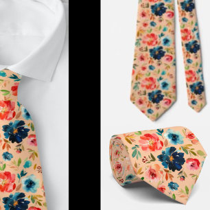 Cravate Tie à col roses aquarelles rose pêche chic bleu