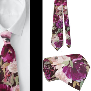 Cravate Tie à col violet et rose fleurs florales roses vin