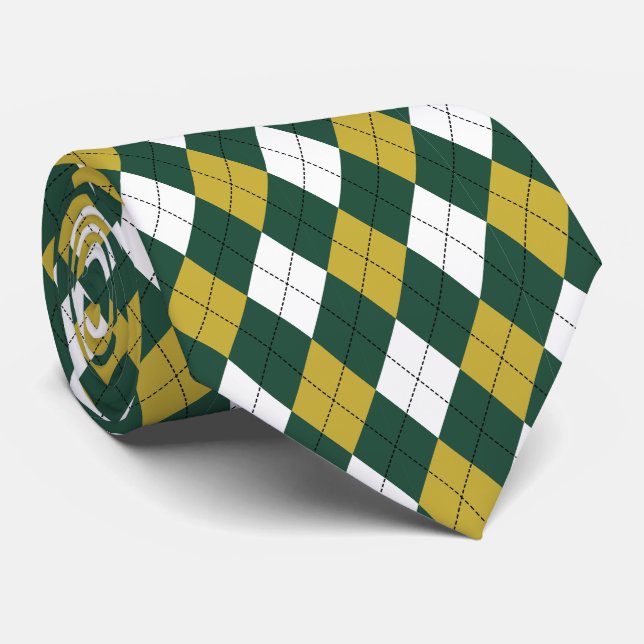 Cravate Tie à motif argyle vert foncé et moutarde   (Roulé)