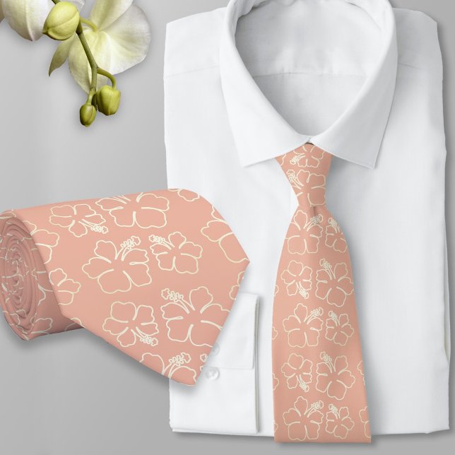 Cravate Tie à motif de contour d'hibiscus rose corail (Créateur téléchargé)