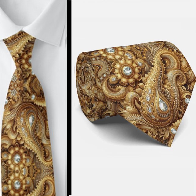 Cravate Tie à motifs paisley diamantés blanc et or de styl (Créateur téléchargé)