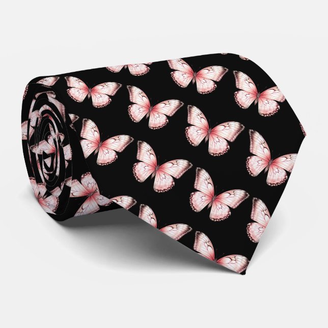 Cravate Tie à papillons noir et rose clair pour le cou (Roulé)