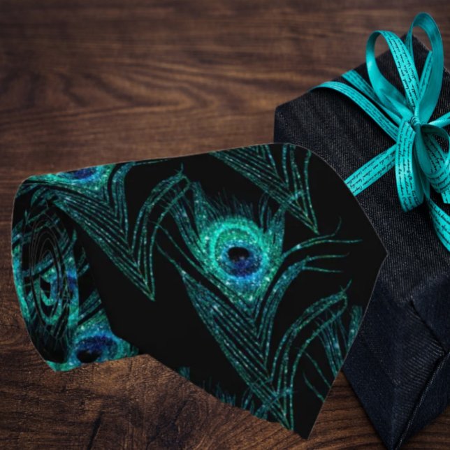 Cravate Tie à plumes de paon bleu sarcelle noir (Créateur téléchargé)