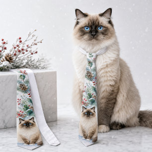 Cravate Tie aquarelle chat ragdoll hiver