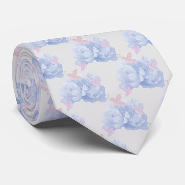 Cravate Tie aux pivoines et papillons (Roulé)