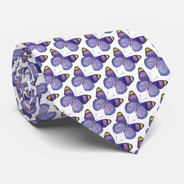 Cravate Tie (blanc) - Papillon Violet (Roulé)