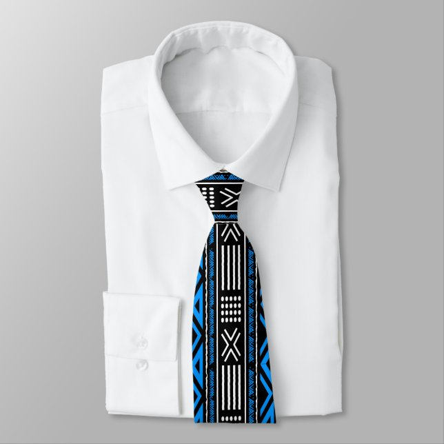 Cravate Tie bleu africain bogolan culturellement riche (Attaché)