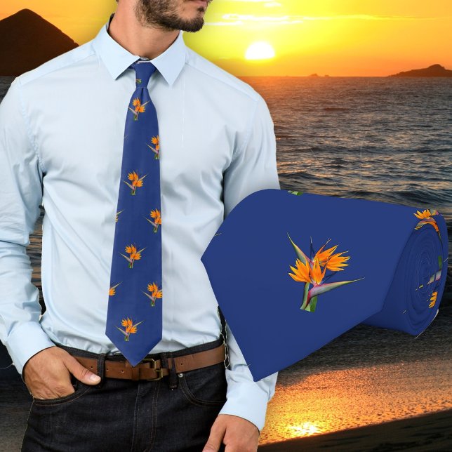 Cravate Tie bleu marine à motif fleurs d'oiseau de paradis (Créateur téléchargé)