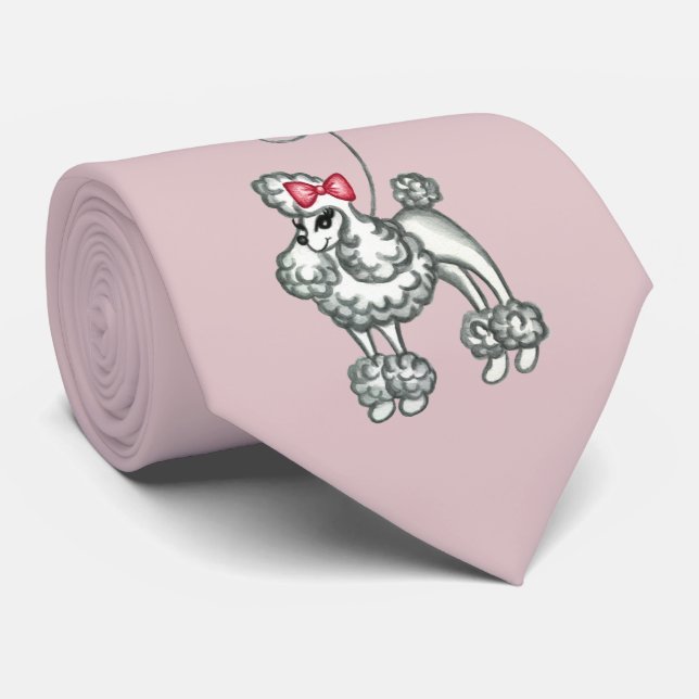 Cravate Tie Caniche Français Rétro Rose (Roulé)