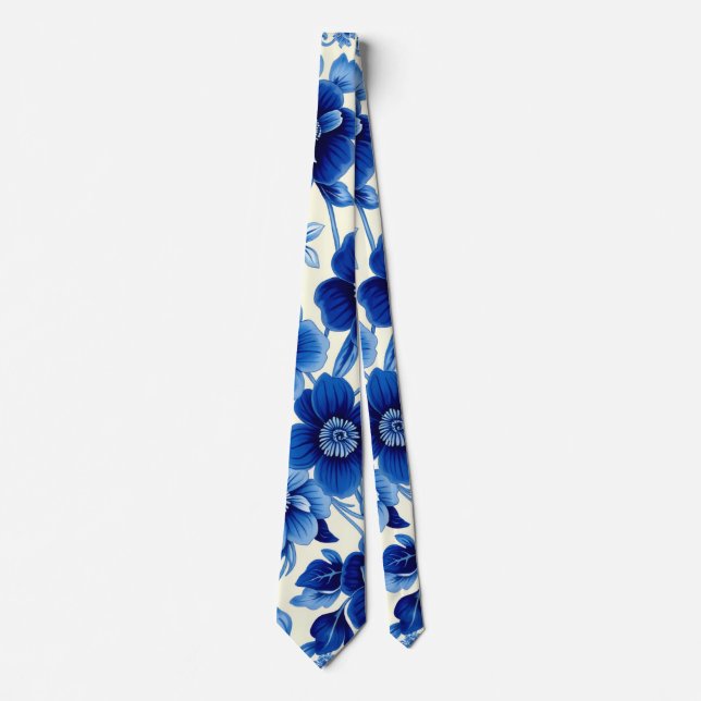 Cravate tie cascade à fleurs bleues (Devant)