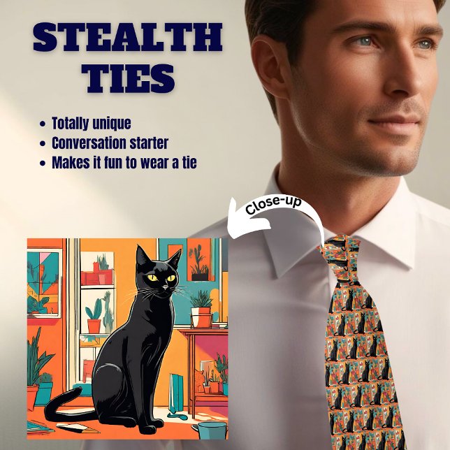 Cravate Tie chat noir sur fond orange Stealth (Créateur téléchargé)