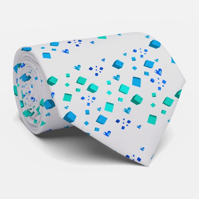 Cravate Tie Cœurs et Cubes Bleu Aqua (Roulé)