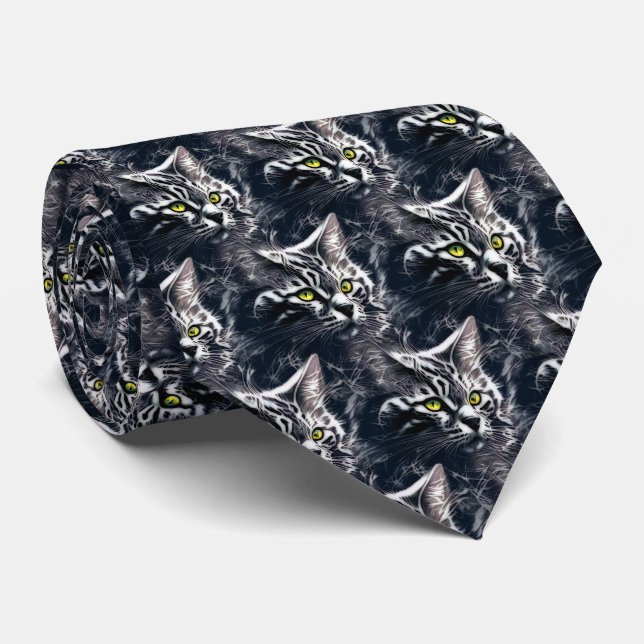 Cravate Tie Cyberpunk Chat Fractal Électrique Néon (Roulé)