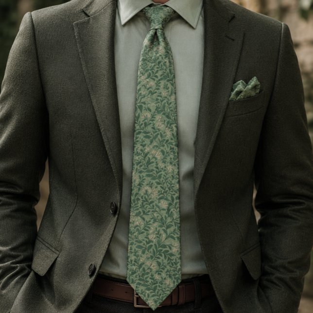 Cravate Tie de cou botanique vert sauge vintage (Créateur téléchargé)