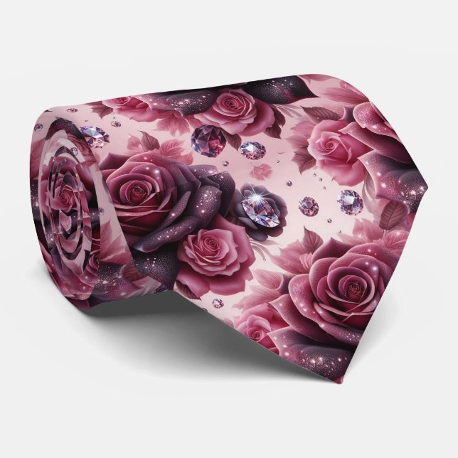 Cravate Tie de mariage de luxe | Roses roses violettes et  (Roulé)