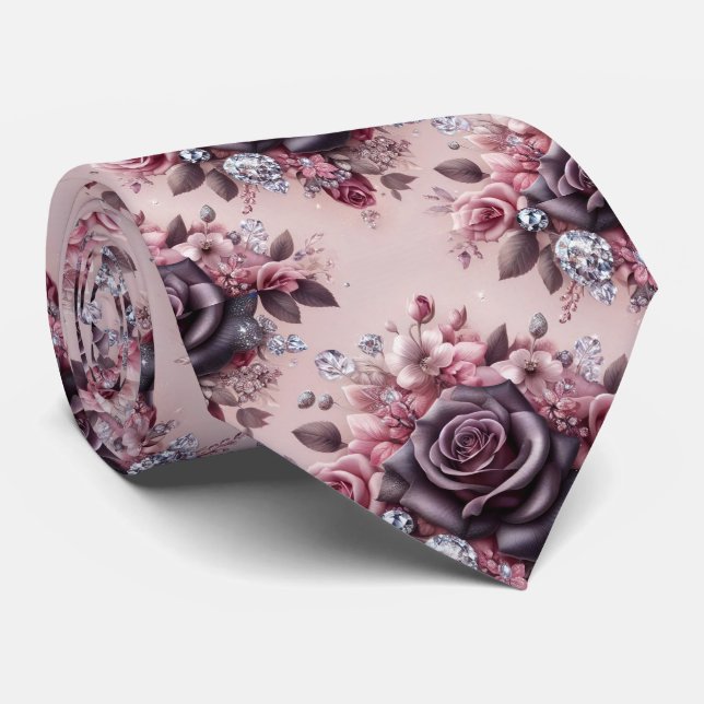 Cravate Tie de mariage de luxe | Roses roses violettes et  (Roulé)