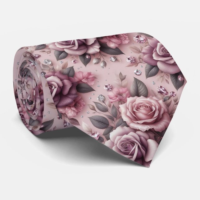 Cravate Tie de mariage de luxe | Roses roses violettes et  (Roulé)