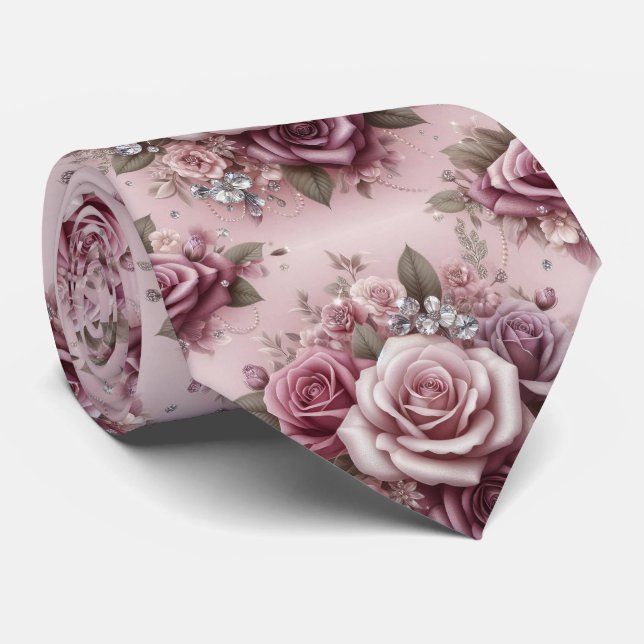 Cravate Tie de mariage de luxe | Roses roses violettes et  (Roulé)