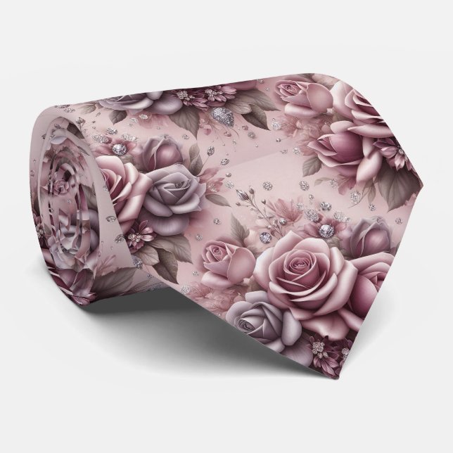 Cravate Tie de mariage de luxe | Roses roses violettes et  (Roulé)