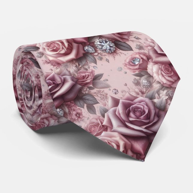 Cravate Tie de mariage de luxe | Roses roses violettes et  (Roulé)