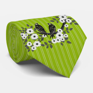 Cravate Tie de mariage vintage oiseaux daisy rayures verte