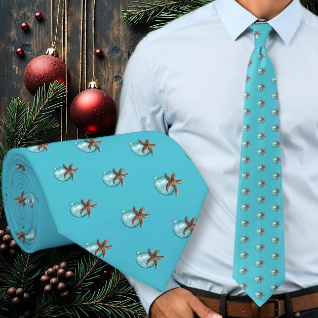 Cravate Tie de Noël bleu aqua étoile de mer ou ornement (Créateur téléchargé)